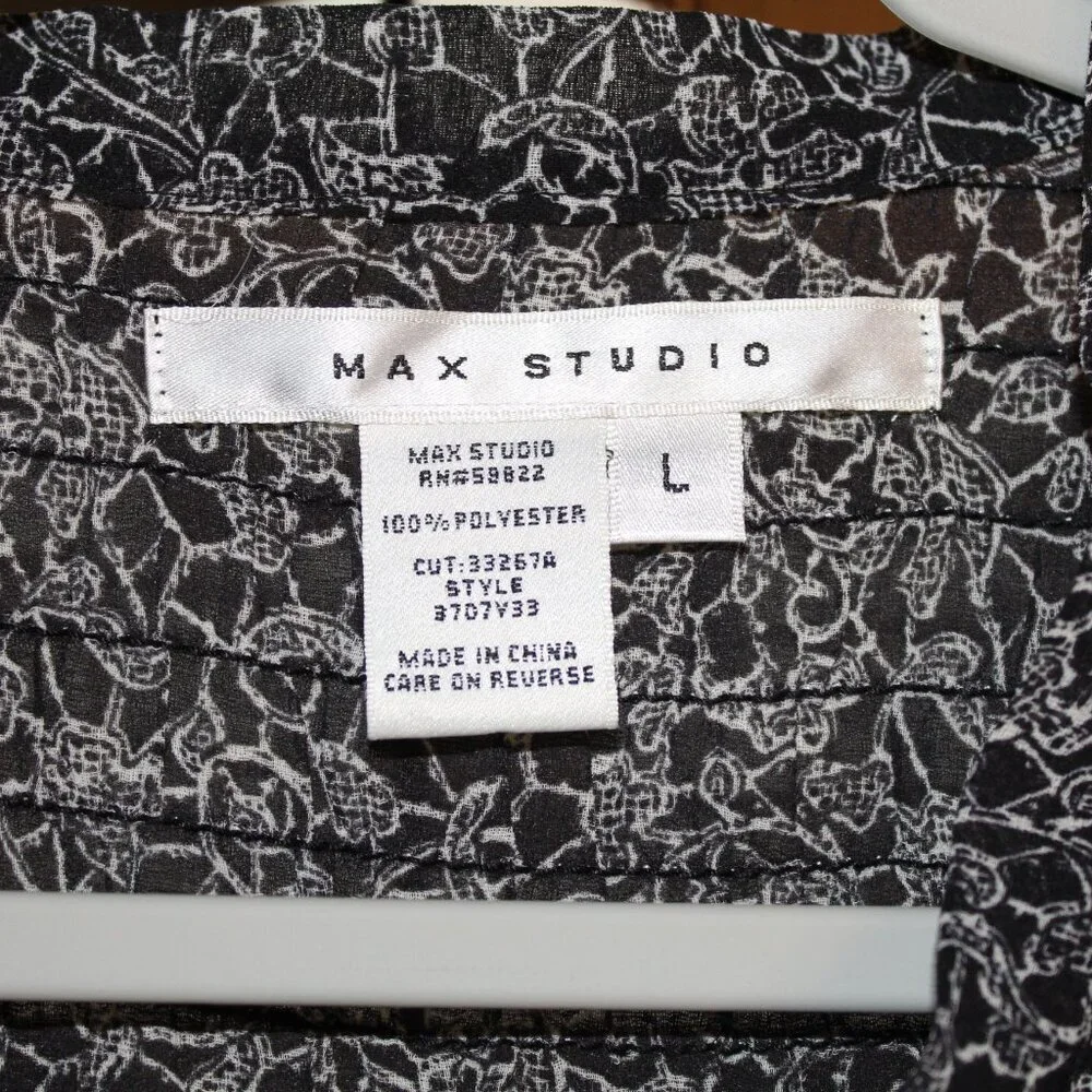 Max Studio black and white long-sleeve tie-neck tunic style blouse L - Picture 3 of 4